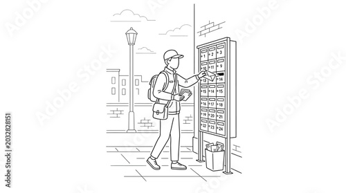 Fotografi A mail carrier delivering letters into a wall mounted mailbox unit