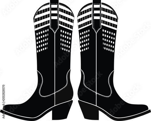 Black cowboy boots, western fashion footwear, vector illustration, boots with white details