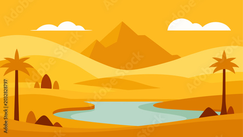 Fotografie Desert oasis with palm trees and blue water under sunset sky