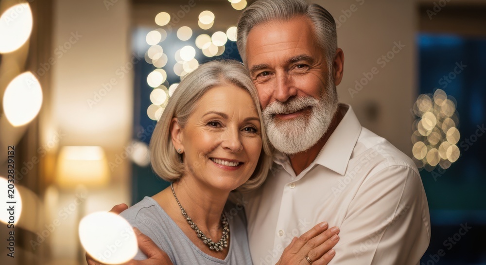 Fototapeta premium Elderly couple taking a selfie with bokeh lights background