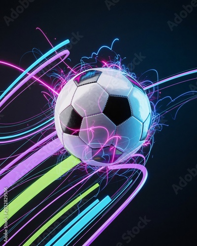 Soccer ball flying with bright blue and yellow lightning energy bolts