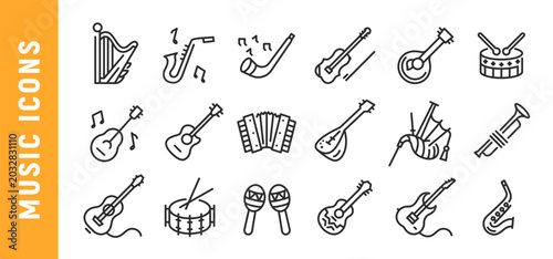 Music icons. Music icons set. Guitar, Drum, Saxophone, Harp, Accordion icons isolated on white background for audio, app, and web design. Vector illustration