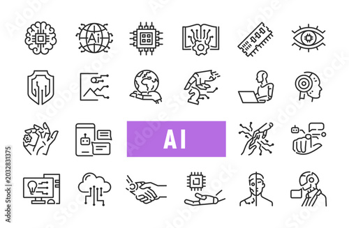 Artificial Intelligence Icons Set. Simple artificial intelligence icons for ai, machine learning, data and technology design. Suitable for web, mobile app, print and presentation. Vector illustration