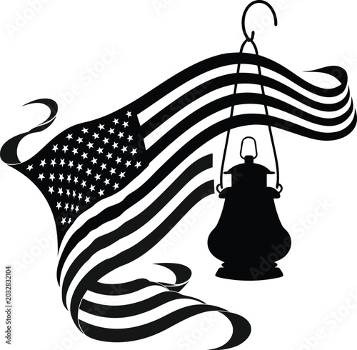 American flag, hanging bell, patriotic symbol, black silhouette, vector icon