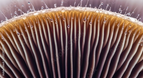 Macro shot of mushroom gills with dew drops