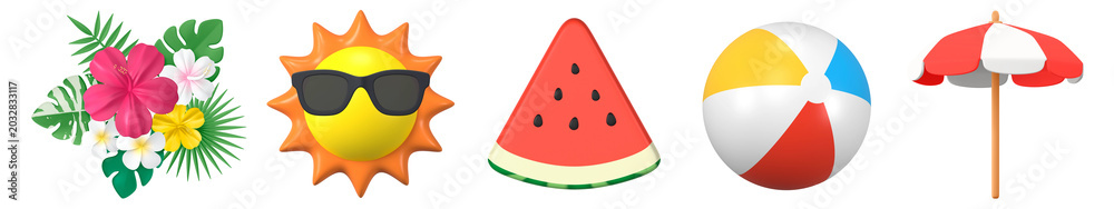 Obraz premium Colorful summer icons featuring tropical flowers, a sun with sunglasses, a watermelon slice, a beach ball, and a beach umbrella. Perfect for summer themes. Summer element isolated on white background.