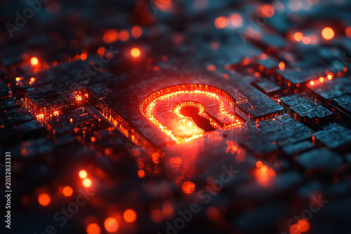 CPU chip illuminated by red light.