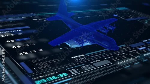 Futuristic Military Jet Wireframe on Tactical Heads-Up Display Interface with Real-Time Flight Metrics and Data Analytics Dashboard Horizontal Land Scape View