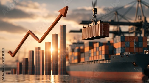 Cargo ship, cargo container work with crane at dock, port or harbour. Freight transport with up arrow, increase graph or bar chart. Concept for export, growth market, trade, profit, demand and supply.