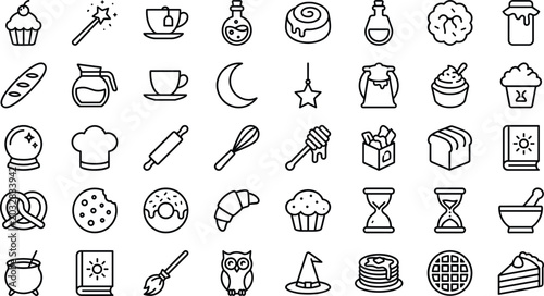 Fotografía Magic Bakery and Witch Kitchen Icon Set Featuring Baking Tools, Sweet Pastries,