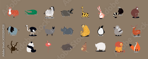 Photography Vector illustration of various cartoon animals on a brown background
