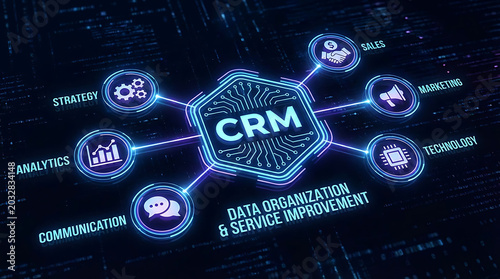 Customer Relationship Management CRM Glowing Digital Icon Illustrating Strategy Analytics Communication Sales Marketing Technology Visualizing Data Organization Enterprise Service Improvement