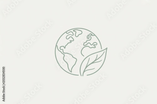 A conceptual line drawing showing the planet Earth with a singular large green leaf representing ecological balance