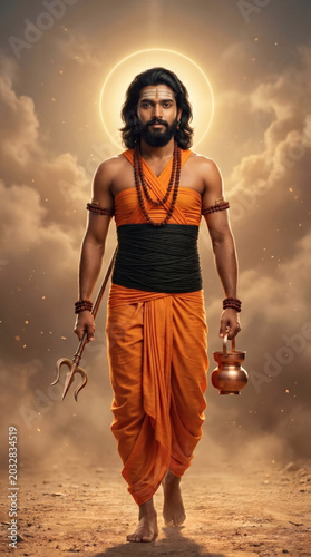 machindranath, matsyendranath, gorakhnath, navnath yogi, snowy temple, carved stone temple, sunlight beam, sacred architecture, divine ascetic, orange dhoti, black waistband, rudraksha necklace, shaiv