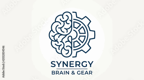 A minimalist logo design featuring a split brain and gear icon representing synergy.