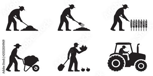 Fotografie Farming process infographic set with farmers tilling soil, sowing, harvesting, and operating tractor with fresh crops and fruits