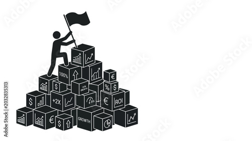 Tableau sur toile A stick figure standing atop a pyramid of stacked business and finance icon cubes holding a flag