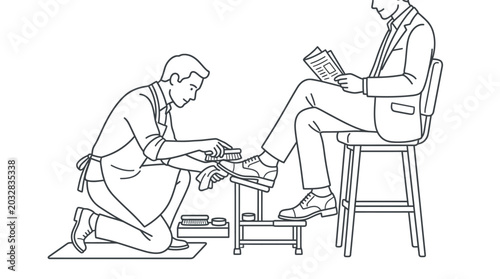 Tableau sur toile A professional shoe shiner polishing the leather shoes of a seated businessman reading a book