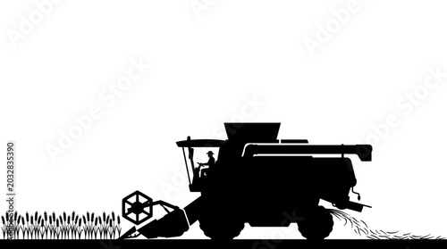 Quadro su tela A black silhouette of a combine harvester working in a wheat field