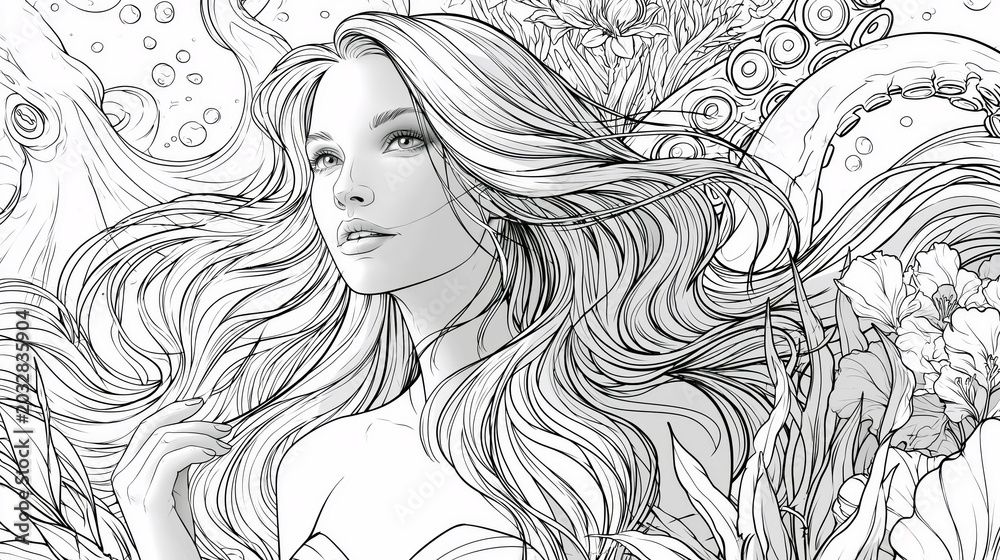 Fototapeta premium Enchanting Line Art Illustration of a Mermaid with Octopus Elements, Surrounded by Ocean Plants, Ready for Coloring and Creative Expression.