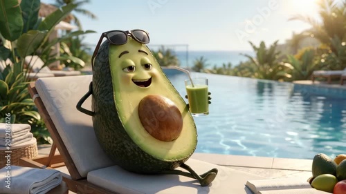 Cinematic lifestyle of an avocado character enjoying a sunny day by the pool while sipping a fresh green drink and relaxing in warm sunshine