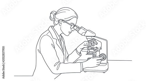 Bild auf Leinwand A line art illustration of a female scientist looking through a laboratory microscope
