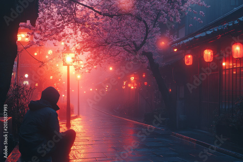 Person sitting on sidewalk in rain.