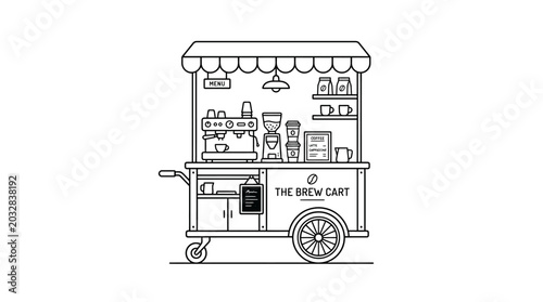 A detailed line art illustration of a mobile coffee cart named The Brew Cart.
