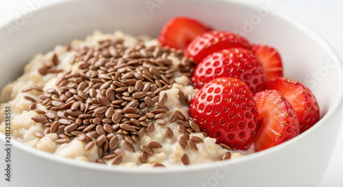 Healthy cardiovascular breakfast with oatmeal topped with flaxseed and fresh strawberry slices for nutrition and prevention