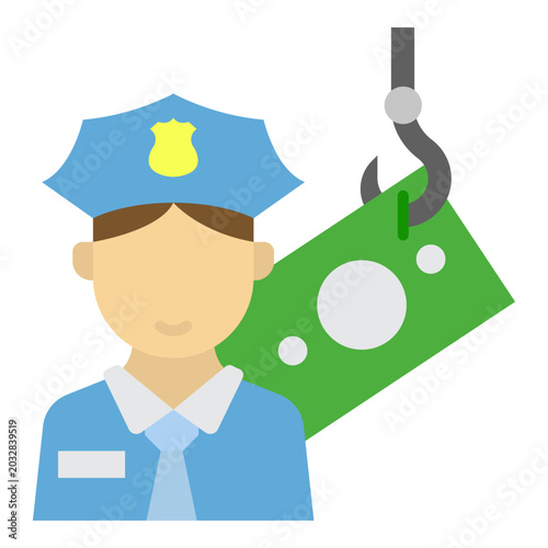 Schilderij op canvas Police officer character accepting cash kickbacks icon