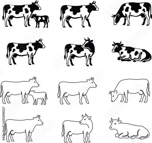 Cow Animal Farm Cattle Livestock Silhouette Icon Set Collection Group with Outline and Filled Dairy Cow Grazing Calf Rural Farming Ranch Vector Illustration Design
