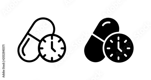 Bild auf Leinwand Medical Pill and Clock Icons, Healthcare Time Management Vector Set, Pharmaceuti