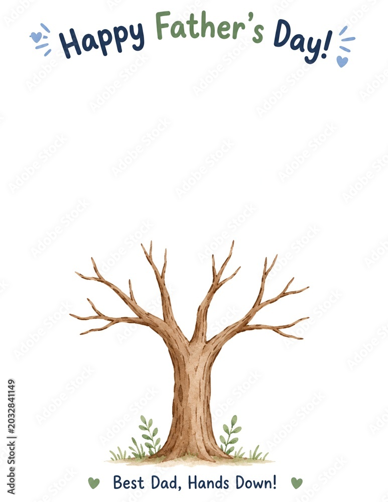Fototapeta premium Happy Father's Day handprint craft template with watercolor bare tree. Best Dad Hands Down text typography for toddler preschool kids DIY keepsake gift card, poster mockup, and school activity.