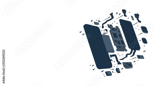 Bild auf Leinwand Exploded view of a disassembled smartphone showing internal components and hardware