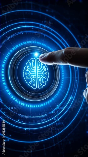User Interacts With Glowing Brain Circuitry. Operator Activates Sophisticated AI Neural Network Interface