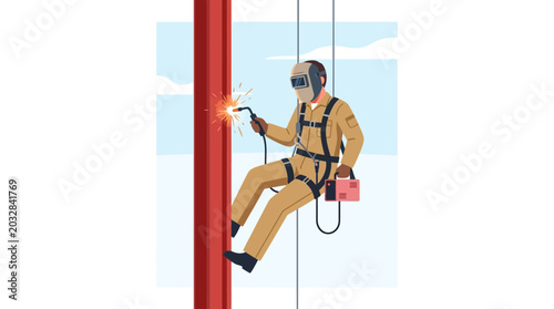 Fotografía Professional industrial welder performing high altitude repair work on a vertical metal structure