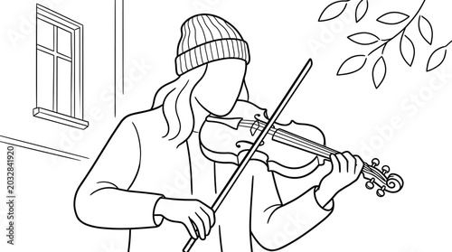 Photos A person wearing a beanie playing the violin with focus and artistic expression