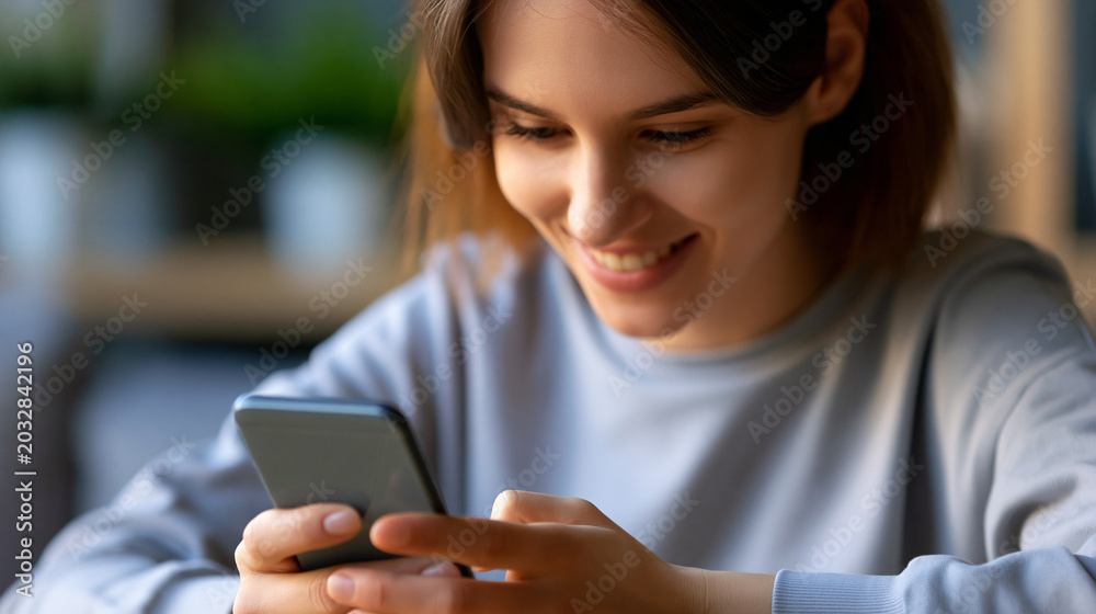 Fototapeta premium Smiling young woman using a mobile phone app at home, shopping online playing games or using delivery apps, digital lifestyle and mobile technology concept, faceless, face not