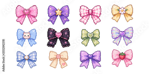 Pixel bow icons set with cute ribbon designs in pink pastel y2k style