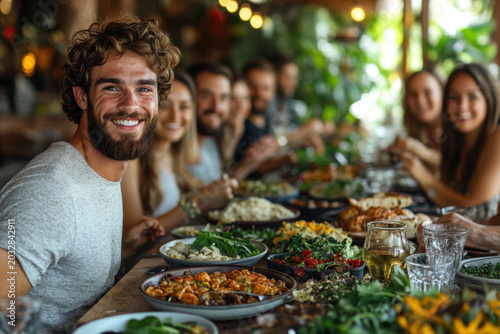 Group of people enjoying a meal together at a table with plates of food.