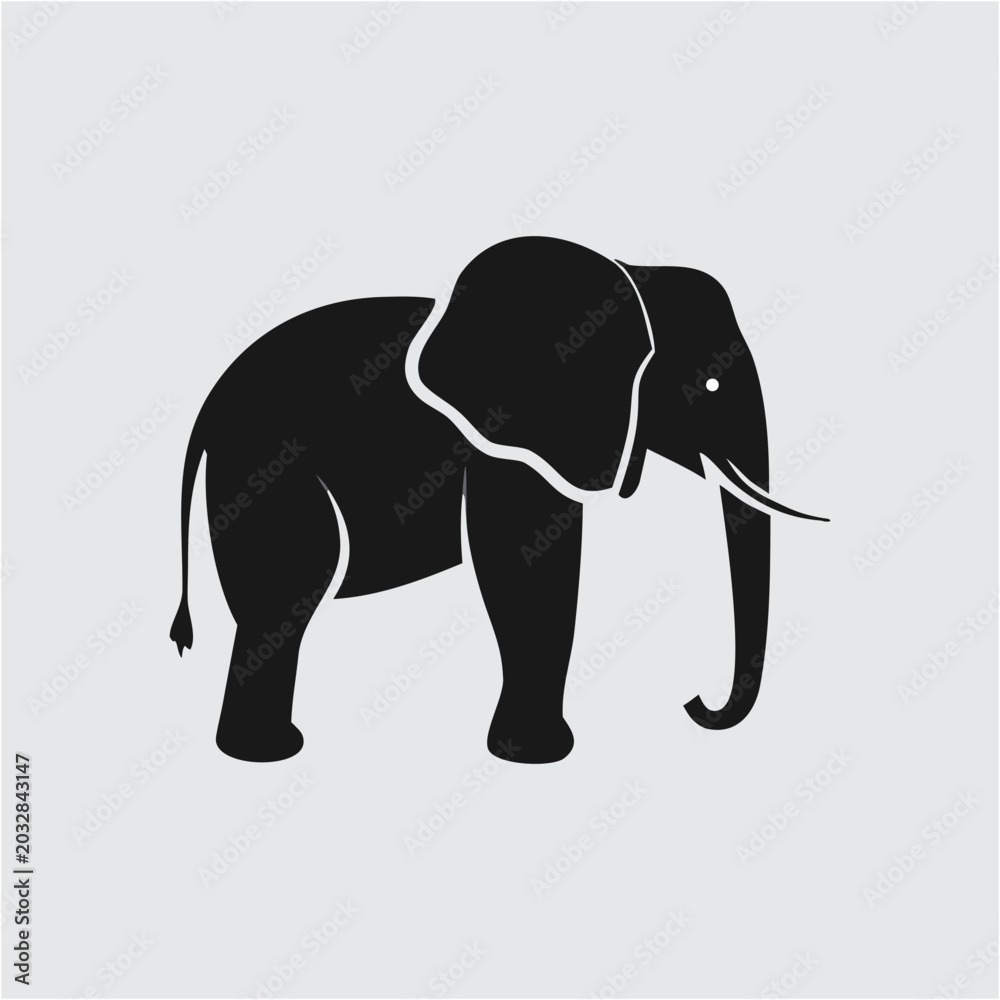 Fototapeta premium Black elephant silhouette in minimalist style with white outline on plain background for wildlife conservation