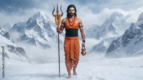 Machindranath walking across snowy Himalayan mountains carrying sacred trishul through frozen wilderness illustrative wallpaper