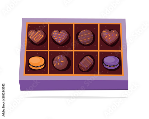 Chocolate Candy Box Vector Illustration with Assorted Sweet Desserts and Heart Chocolates