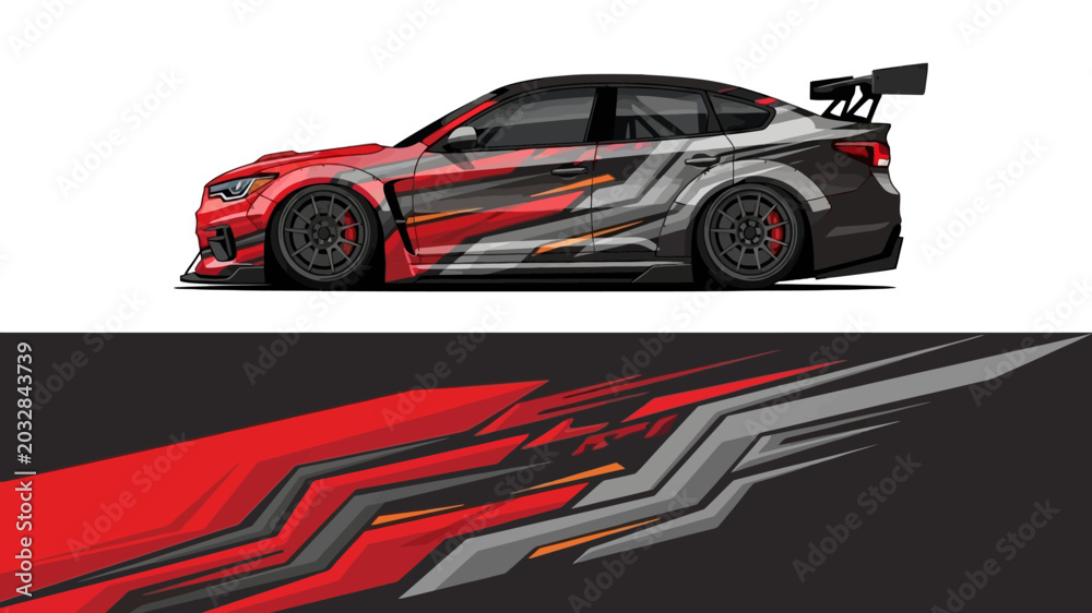 Obraz premium Sleek high performance racing car with bold red and black livery.