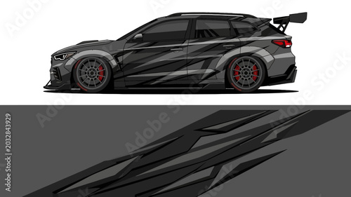 Foto Sleek black race car silhouette with rear wing on track for high speed performance