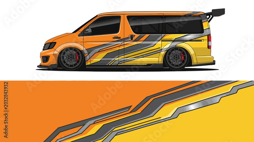 Vibrant orange customized vehicle with bold yellow racing stripes and aerodynamic design on modern street performer.