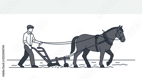 Obraz na płótnie A farmer guiding a horse pulling a traditional plow through a field