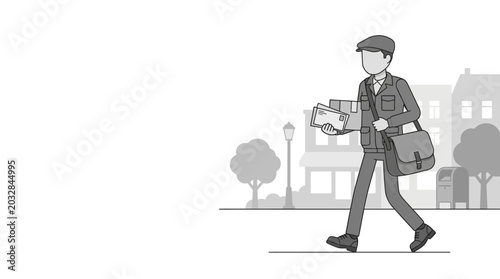 фотографія A line art illustration of a mail carrier walking while holding a stack of letters