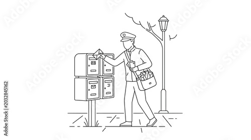 Fotografi A line drawing of a mail carrier delivering letters into a mailbox