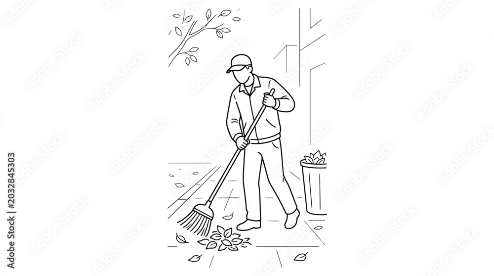 Obraz premium A man wearing a cap and jacket sweeping fallen leaves with a broom.